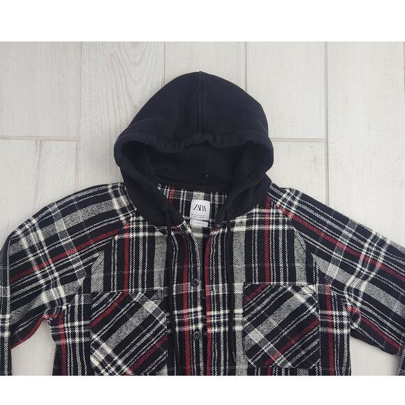 Zara Mens Medium Plaid Overshirt Shacket Button Up Hooded Jacket Black Red Shirt - Picture 2 of 8